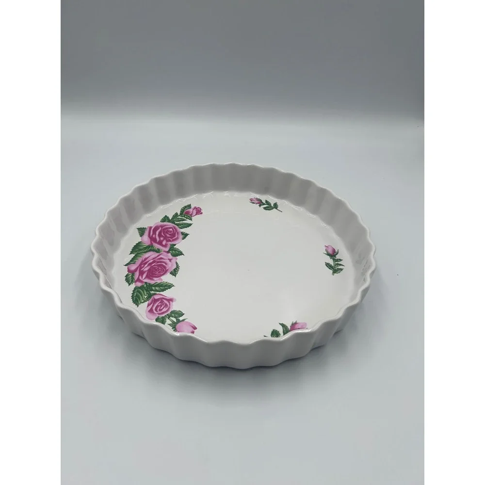 Christneholm The Rose Collection Quiche Tart Pan Pink Floral Fluted Ceramic 10in